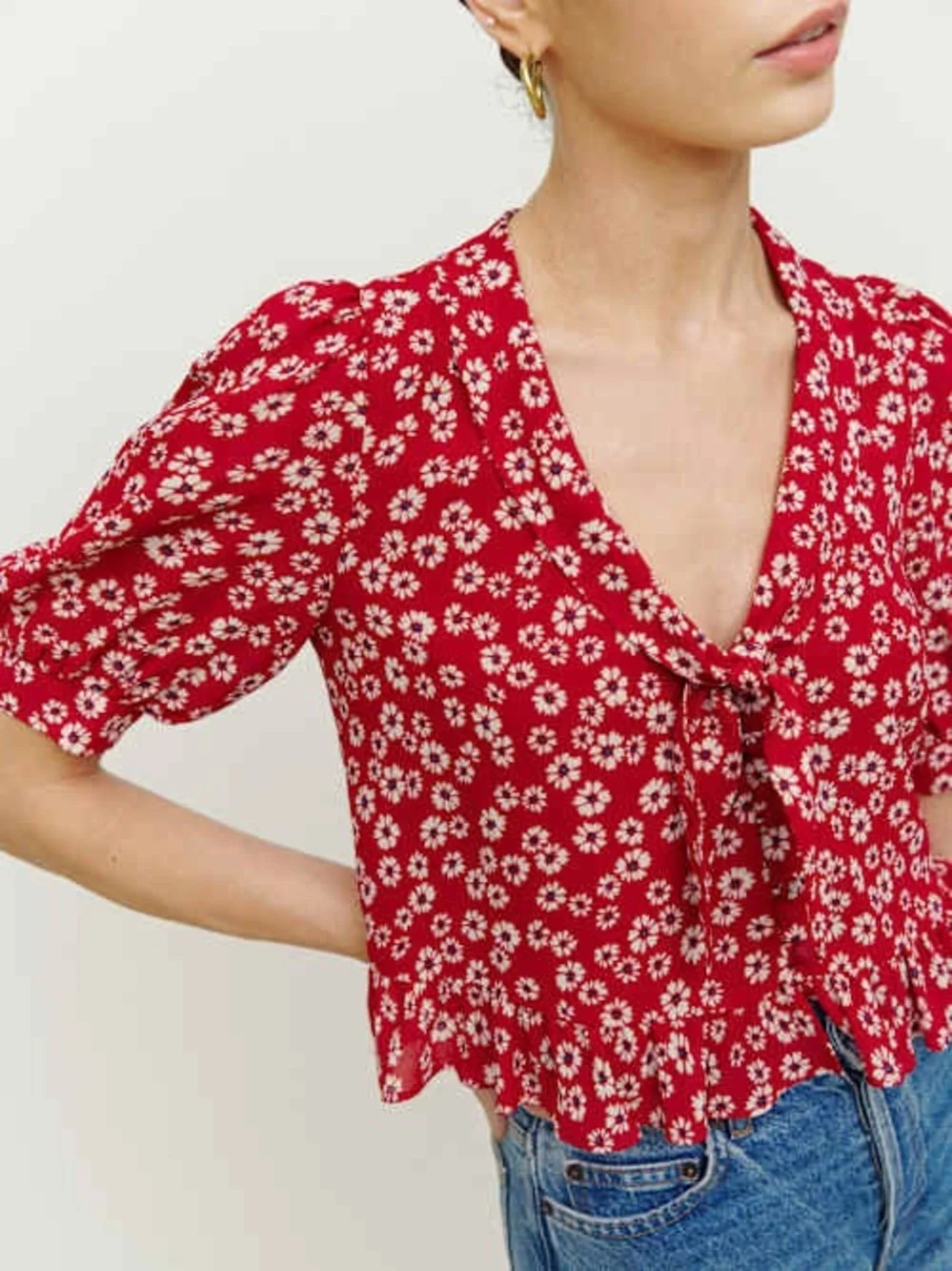 Reformation Sloan Top Red Floral Tie-Front Blouse